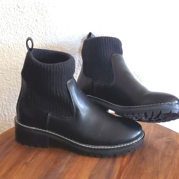 Kensie- Black Boots Slip On Knit upper leather lug Neutral comfort NEW! Sz.7 - Picture 3 of 12